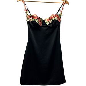 Princess Polly Kenzie Floral Embroidered Satin Mini Dress - Black - Size 0